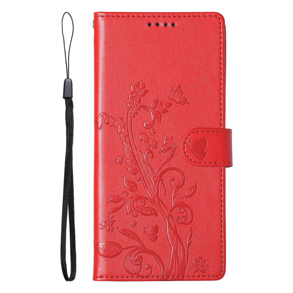 For Oppo Reno14 Pro 5G (Global) Wallet Case Butterfly Floral Imprint PU Leather Phone Cover with Wrist Strap - Red