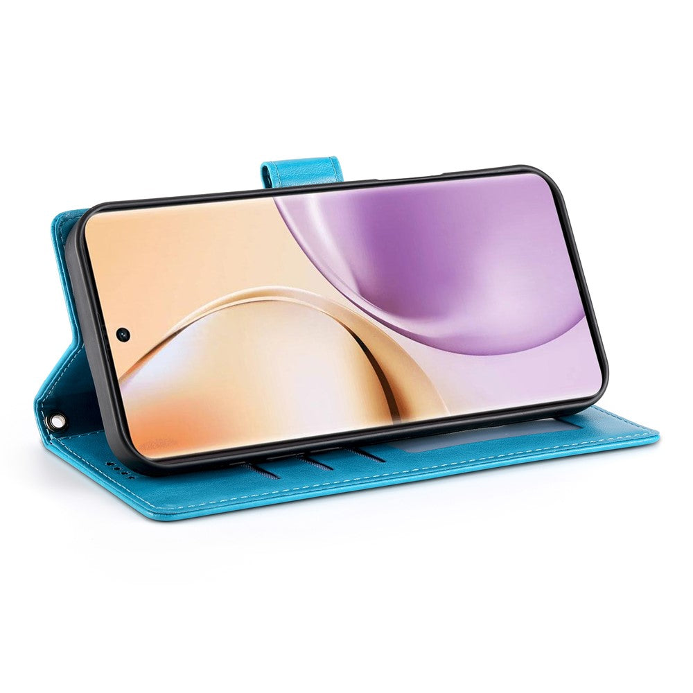 For Oppo Reno14 Pro 5G (Global) Wallet Case Butterfly Floral Imprint PU Leather Phone Cover with Wrist Strap - Blue