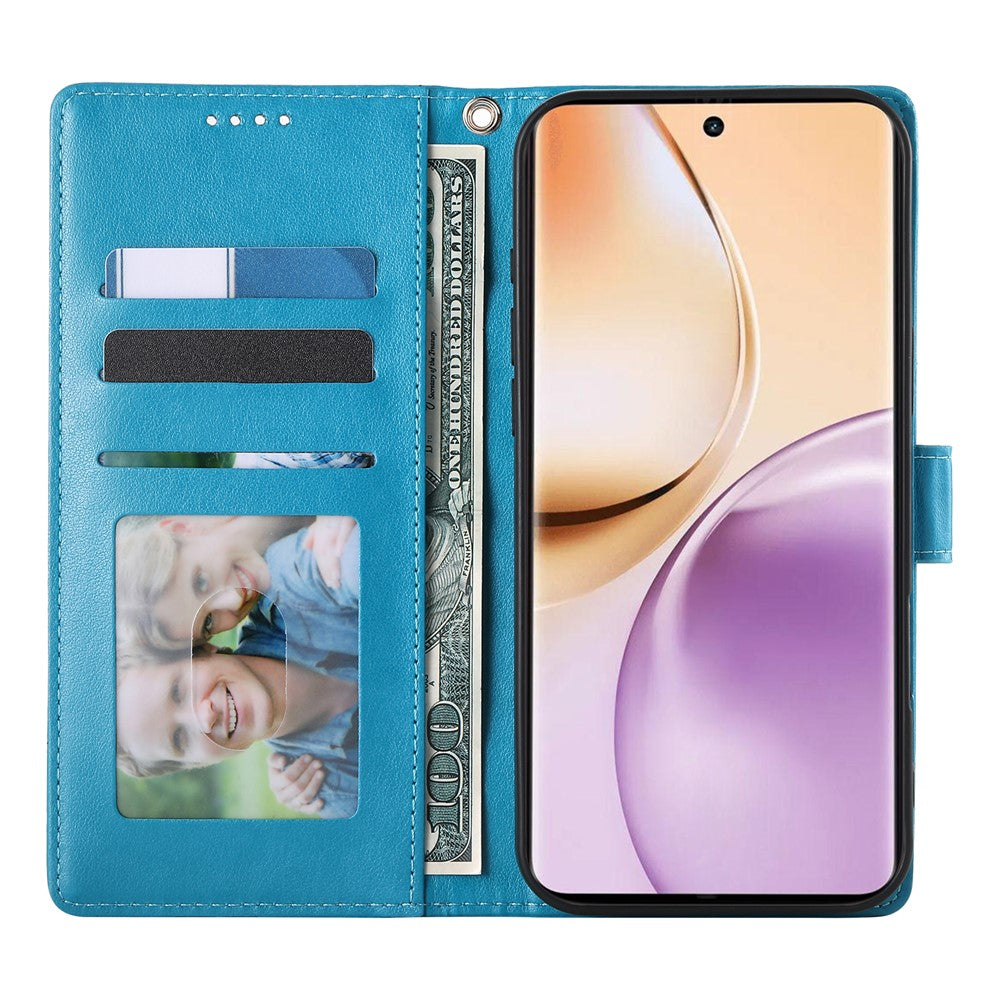 For Oppo Reno14 Pro 5G (Global) Wallet Case Butterfly Floral Imprint PU Leather Phone Cover with Wrist Strap - Blue