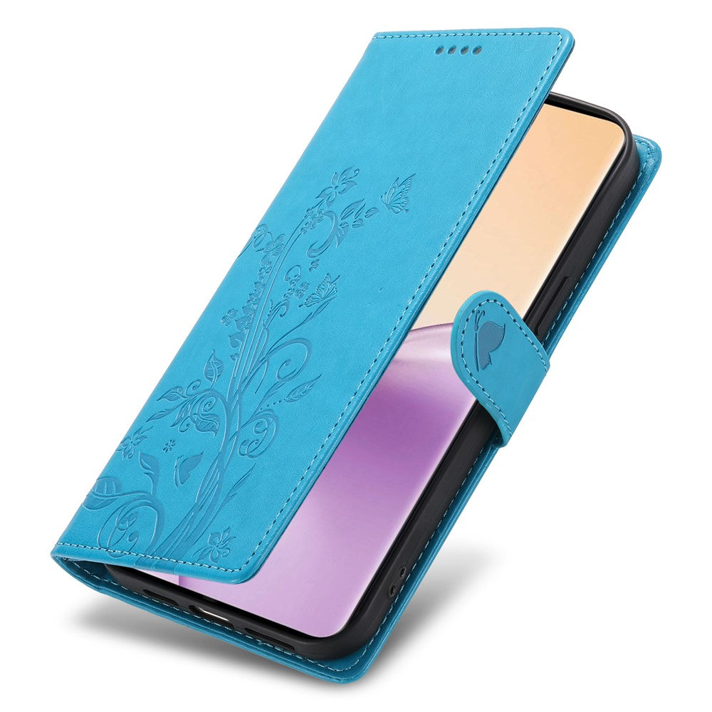 For Oppo Reno14 Pro 5G (Global) Wallet Case Butterfly Floral Imprint PU Leather Phone Cover with Wrist Strap - Blue