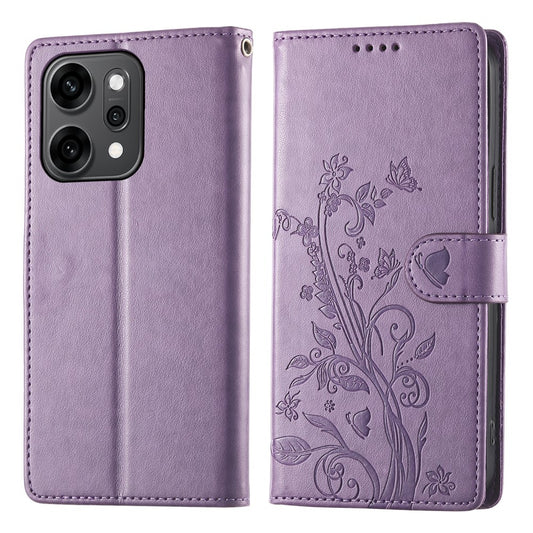 For Oppo Reno14 Pro 5G (Global) Wallet Case Butterfly Floral Imprint PU Leather Phone Cover with Wrist Strap - Purple