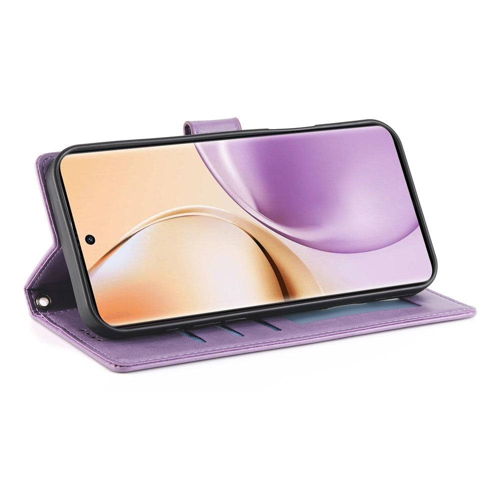 For Oppo Reno14 Pro 5G (Global) Wallet Case Butterfly Floral Imprint PU Leather Phone Cover with Wrist Strap - Purple