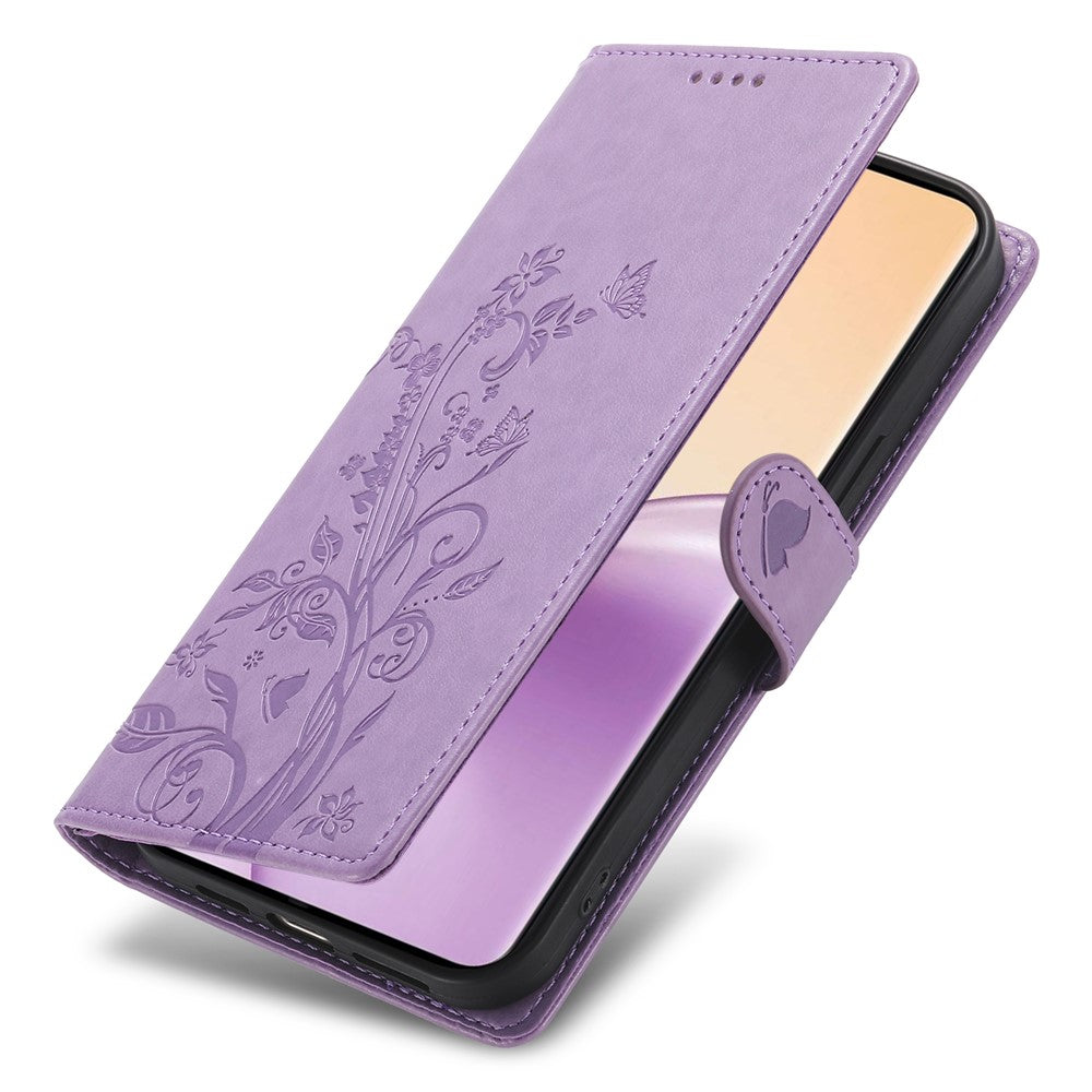 For Oppo Reno14 Pro 5G (Global) Wallet Case Butterfly Floral Imprint PU Leather Phone Cover with Wrist Strap - Purple