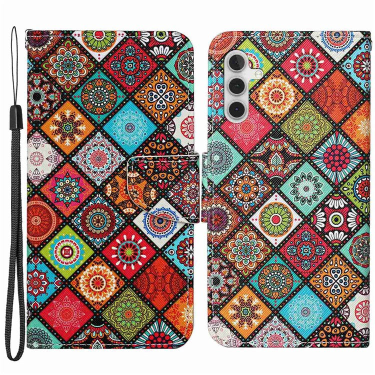 For Samsung Galaxy A14 5G / 4G Cross Texture PU Leather Flip Stand Case Wallet Phone Cover with Strap - Ethnic Style