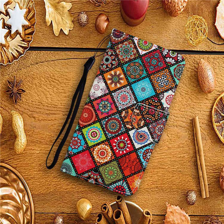 For Samsung Galaxy A14 5G / 4G Cross Texture PU Leather Flip Stand Case Wallet Phone Cover with Strap - Ethnic Style