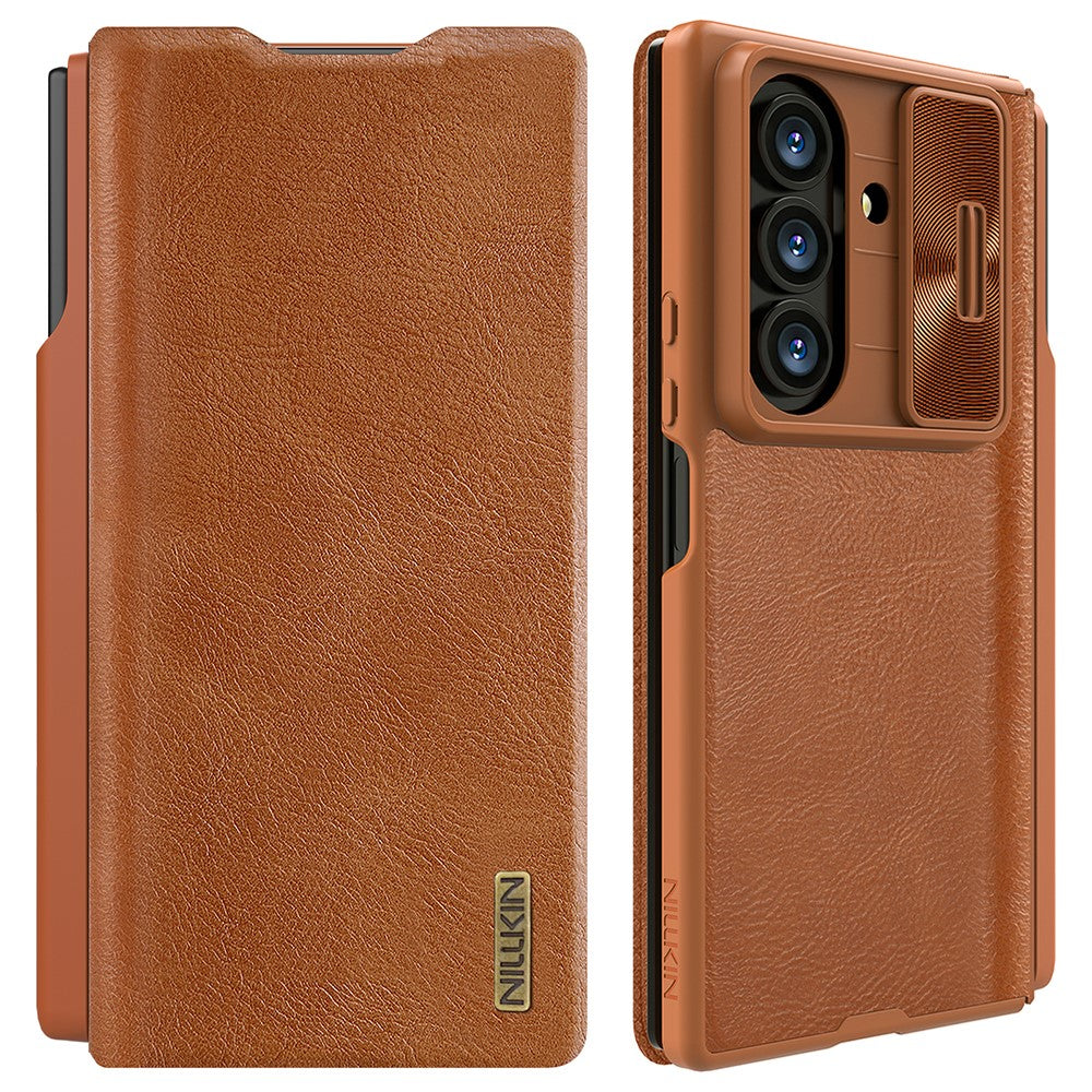 NILLKIN Qin Pro Series for Samsung Galaxy Z Fold7 5G Case with Card Slots Leather Phone Cover with Stylus - Brown