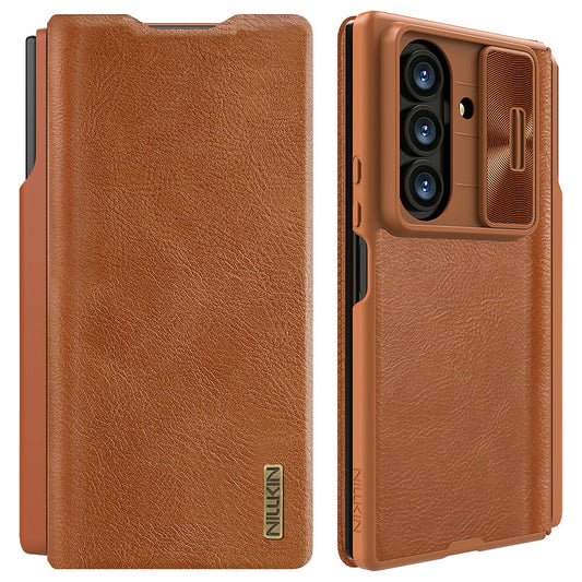 NILLKIN Qin Pro Series for Samsung Galaxy Z Fold7 5G Case with Card Slots Leather Phone Cover with Stylus - Brown