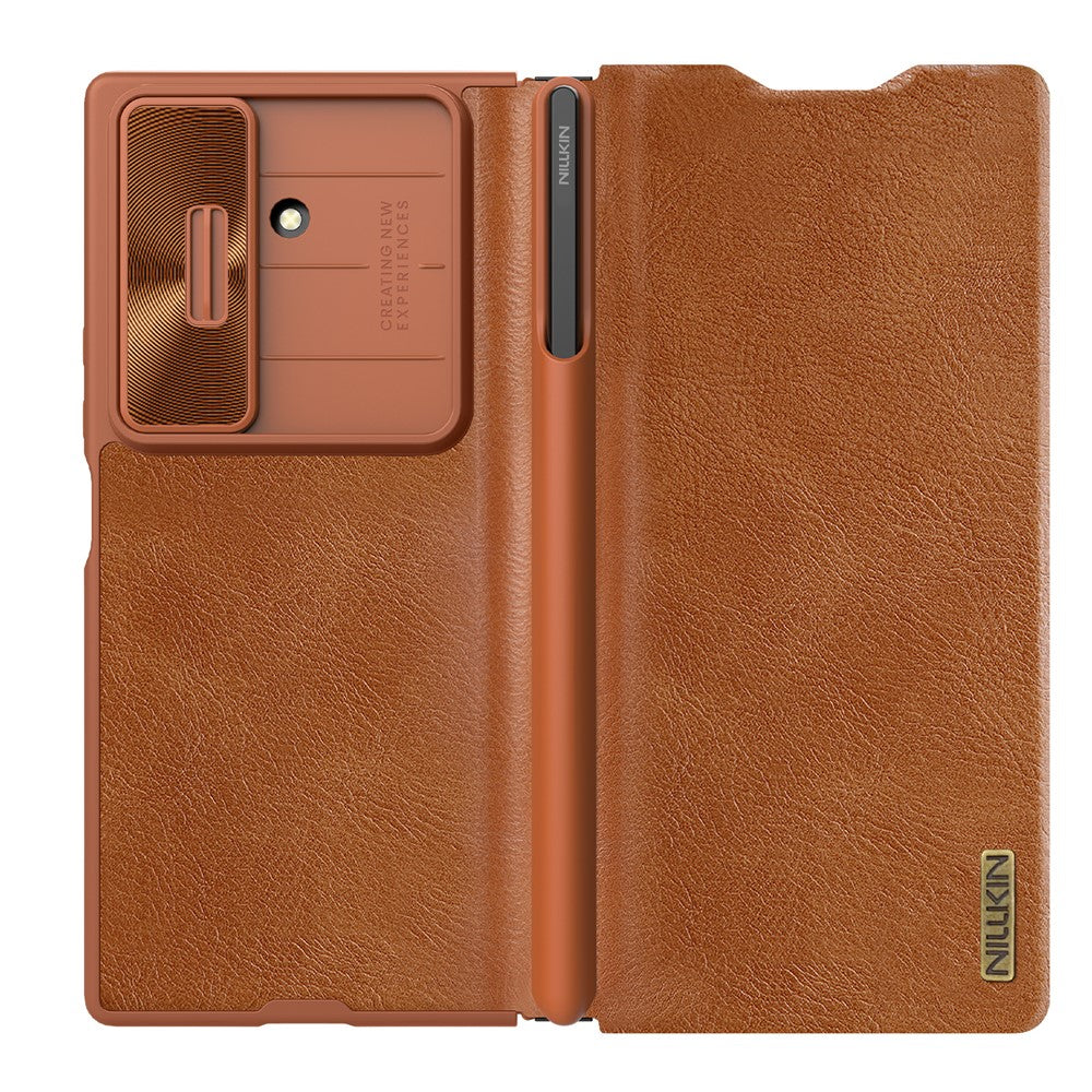 NILLKIN Qin Pro Series for Samsung Galaxy Z Fold7 5G Case with Card Slots Leather Phone Cover with Stylus - Brown