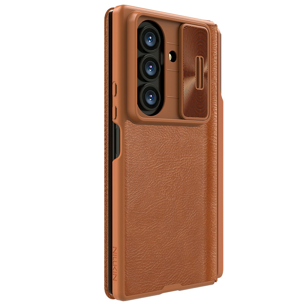 NILLKIN Qin Pro Series for Samsung Galaxy Z Fold7 5G Case with Card Slots Leather Phone Cover with Stylus - Brown
