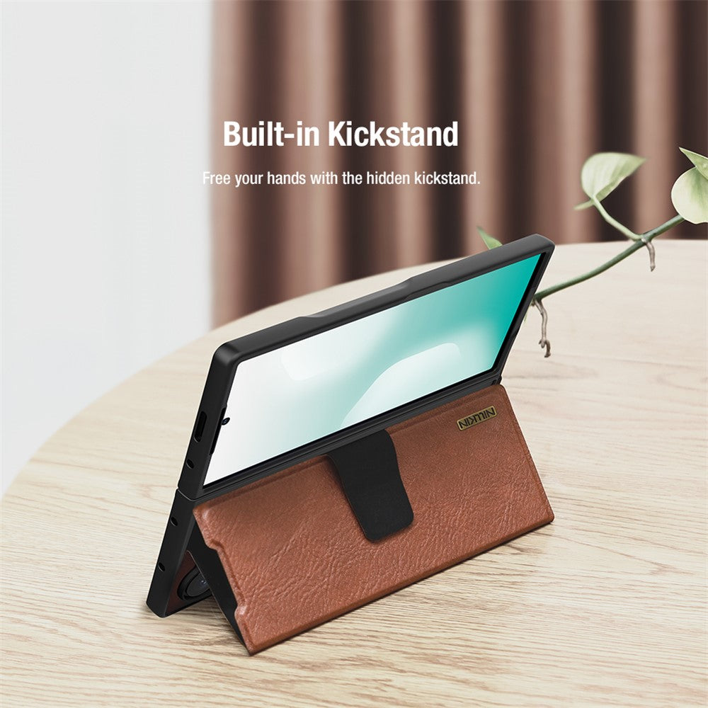 NILLKIN For Samsung Galaxy Z Fold7 5G Case PU + PC Stand Design Phone Cover with Card Slot - Brown