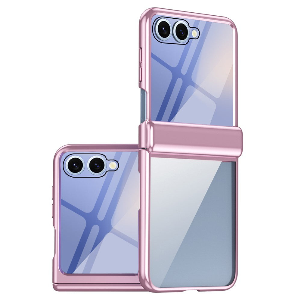 For Samsung Galaxy Z Flip7 5G Case with Rear Screen Film Hinge Protection Electroplating Clear PC Phone Cover - Pink
