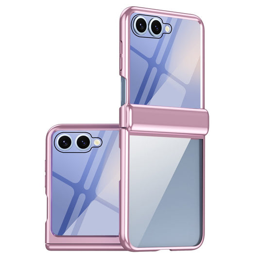 For Samsung Galaxy Z Flip7 5G Case with Rear Screen Film Hinge Protection Electroplating Clear PC Phone Cover - Pink