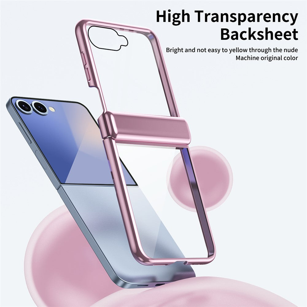 For Samsung Galaxy Z Flip7 5G Case with Rear Screen Film Hinge Protection Electroplating Clear PC Phone Cover - Pink