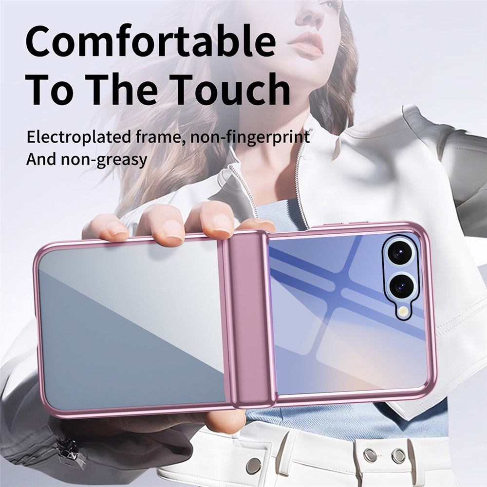 For Samsung Galaxy Z Flip7 5G Case with Rear Screen Film Hinge Protection Electroplating Clear PC Phone Cover - Pink