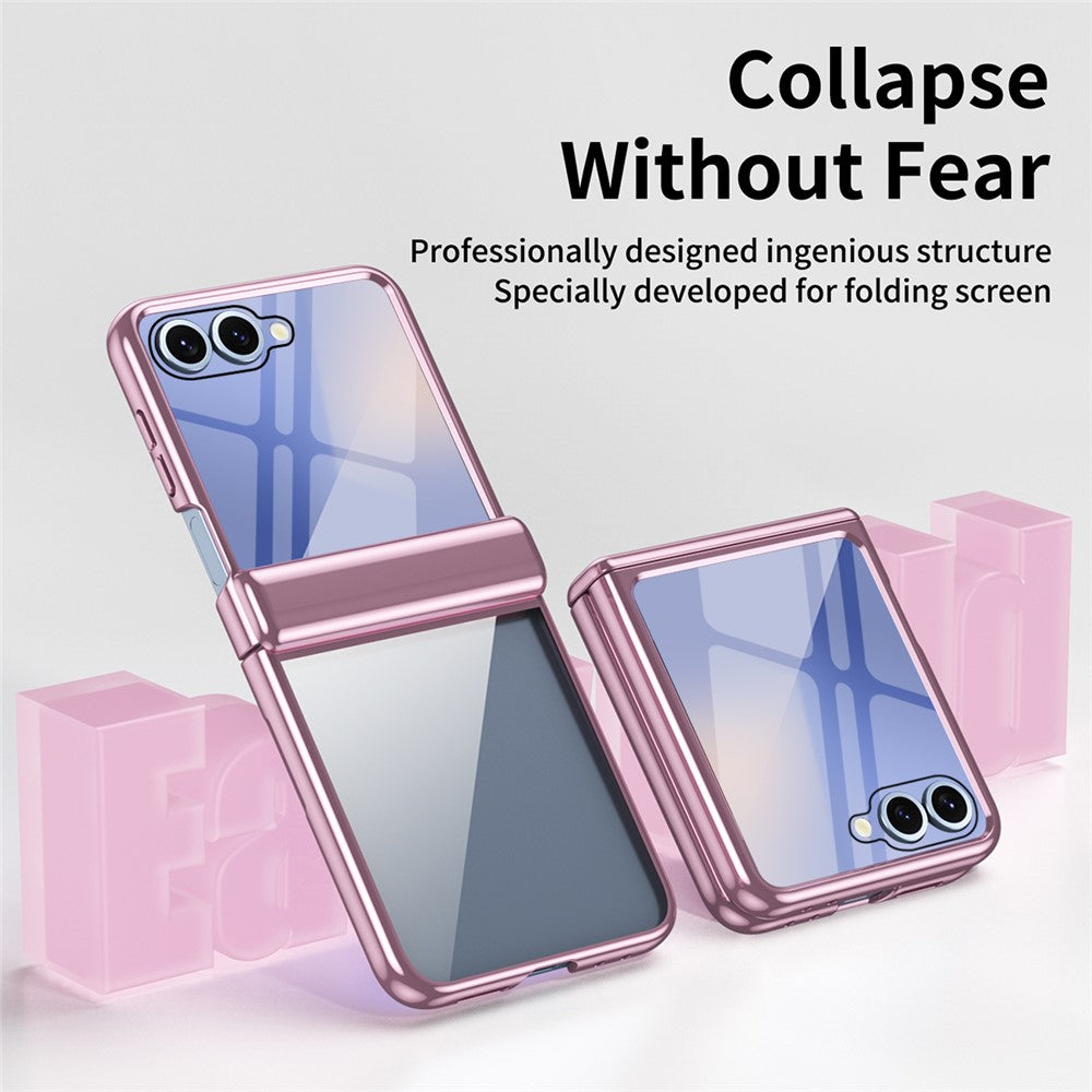 For Samsung Galaxy Z Flip7 5G Case with Rear Screen Film Hinge Protection Electroplating Clear PC Phone Cover - Pink