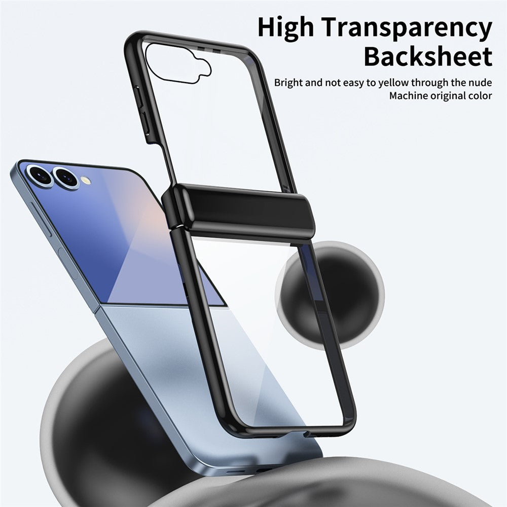 For Samsung Galaxy Z Flip7 5G Case with Rear Screen Film Hinge Protection Electroplating Clear PC Phone Cover - Black