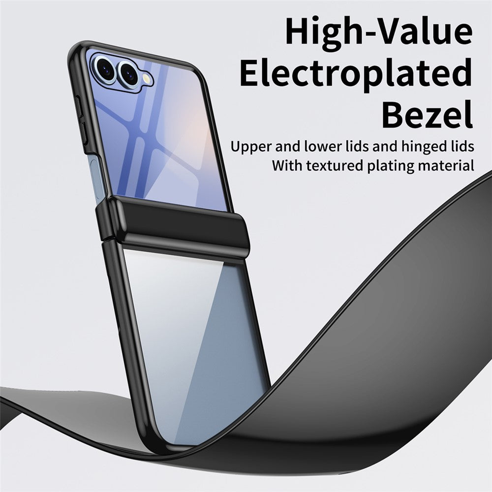 For Samsung Galaxy Z Flip7 5G Case with Rear Screen Film Hinge Protection Electroplating Clear PC Phone Cover - Black
