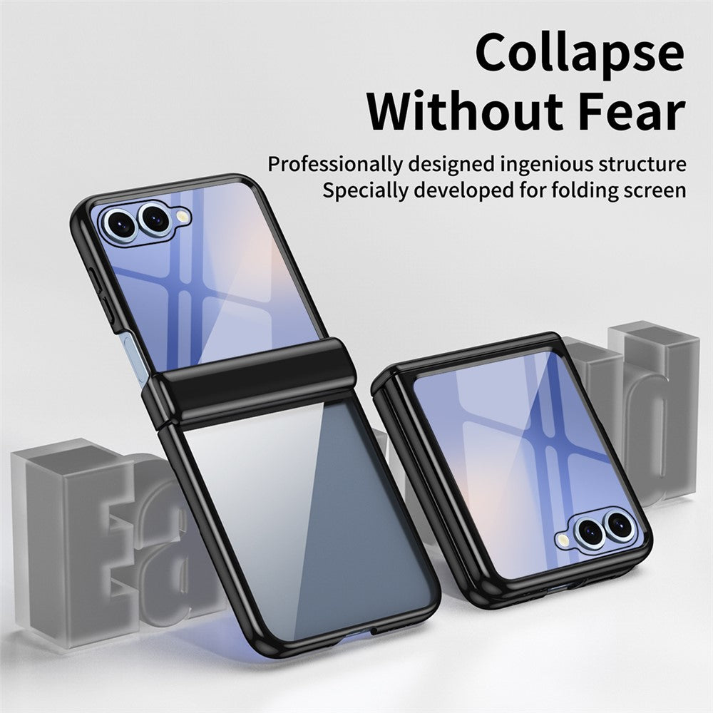For Samsung Galaxy Z Flip7 5G Case with Rear Screen Film Hinge Protection Electroplating Clear PC Phone Cover - Black