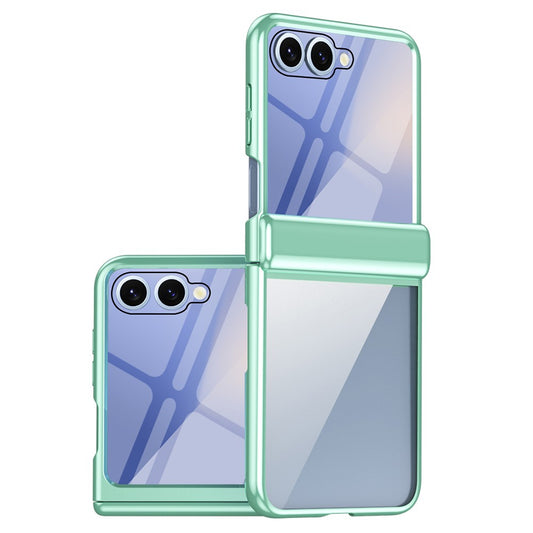 For Samsung Galaxy Z Flip7 5G Case with Rear Screen Film Hinge Protection Electroplating Clear PC Phone Cover - Green