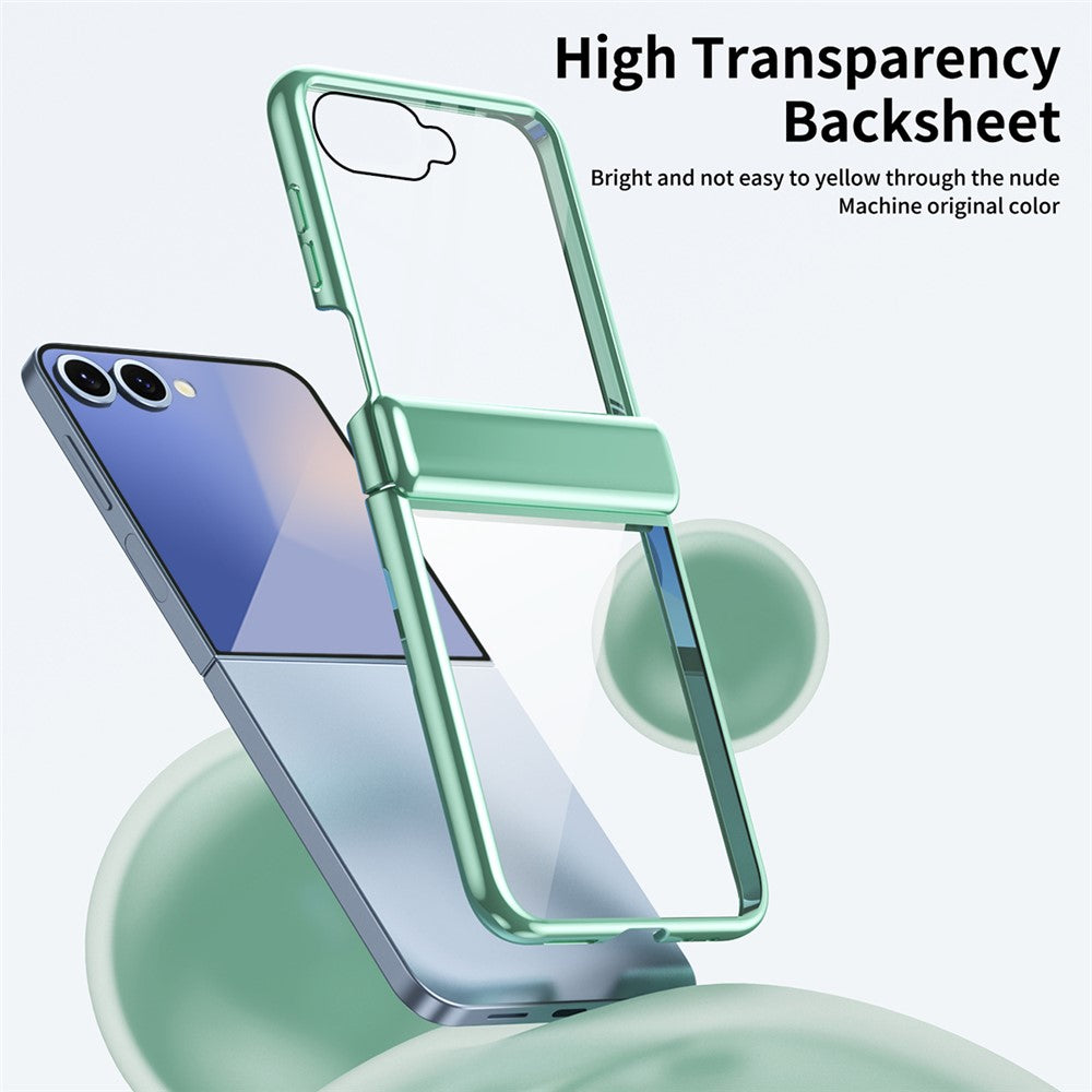 For Samsung Galaxy Z Flip7 5G Case with Rear Screen Film Hinge Protection Electroplating Clear PC Phone Cover - Green