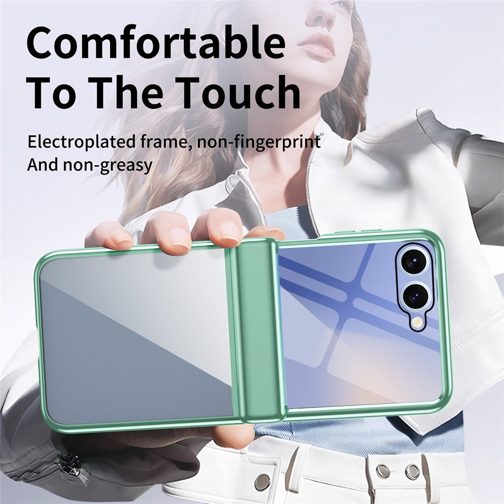For Samsung Galaxy Z Flip7 5G Case with Rear Screen Film Hinge Protection Electroplating Clear PC Phone Cover - Green