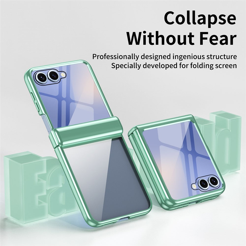For Samsung Galaxy Z Flip7 5G Case with Rear Screen Film Hinge Protection Electroplating Clear PC Phone Cover - Green