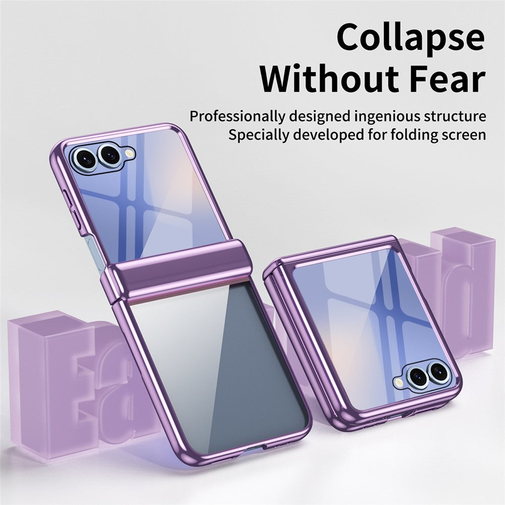 For Samsung Galaxy Z Flip7 5G Case with Rear Screen Film Hinge Protection Electroplating Clear PC Phone Cover - Purple