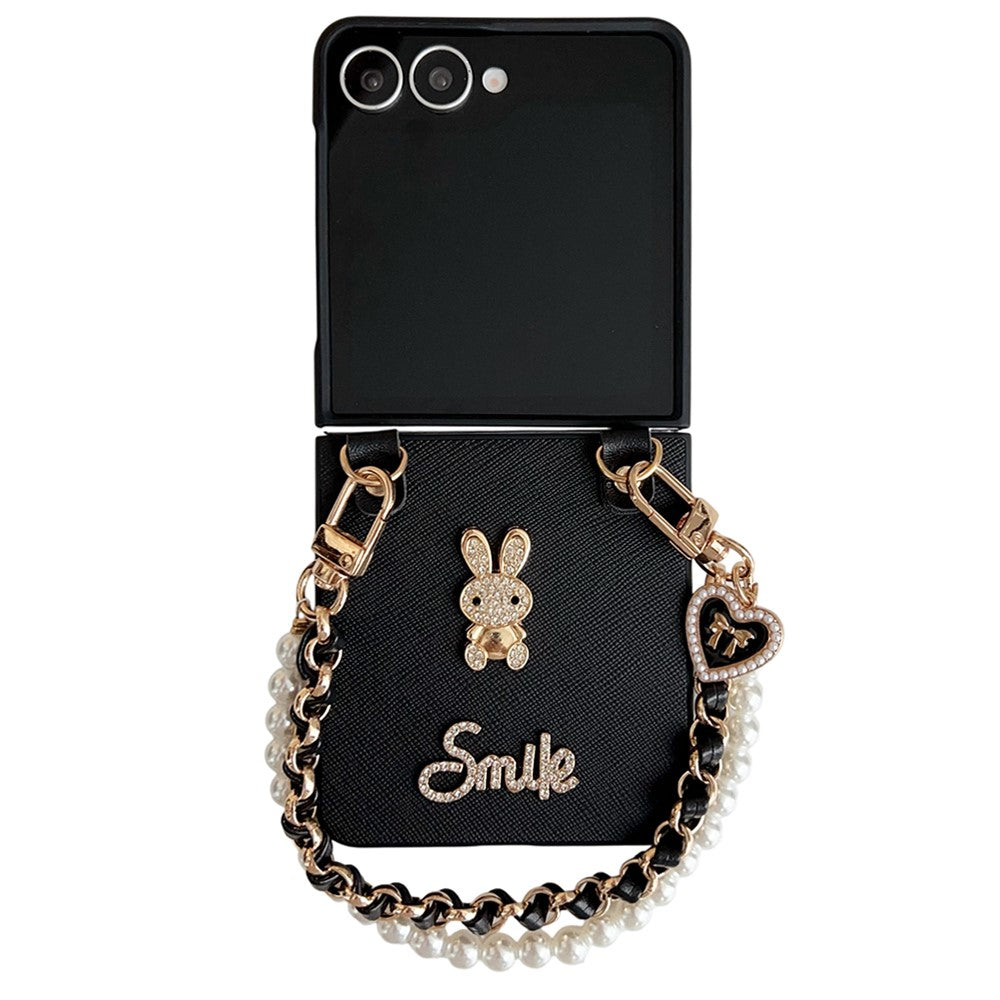 For Samsung Galaxy Z Flip7 5G Case Smile Rabbit PU + PC Phone Cover with Wrist Strap - Cross Texture