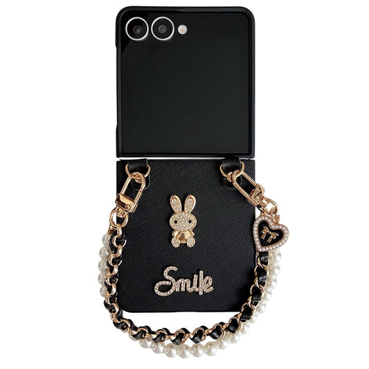 For Samsung Galaxy Z Flip7 5G Case Smile Rabbit PU + PC Phone Cover with Wrist Strap - Cross Texture