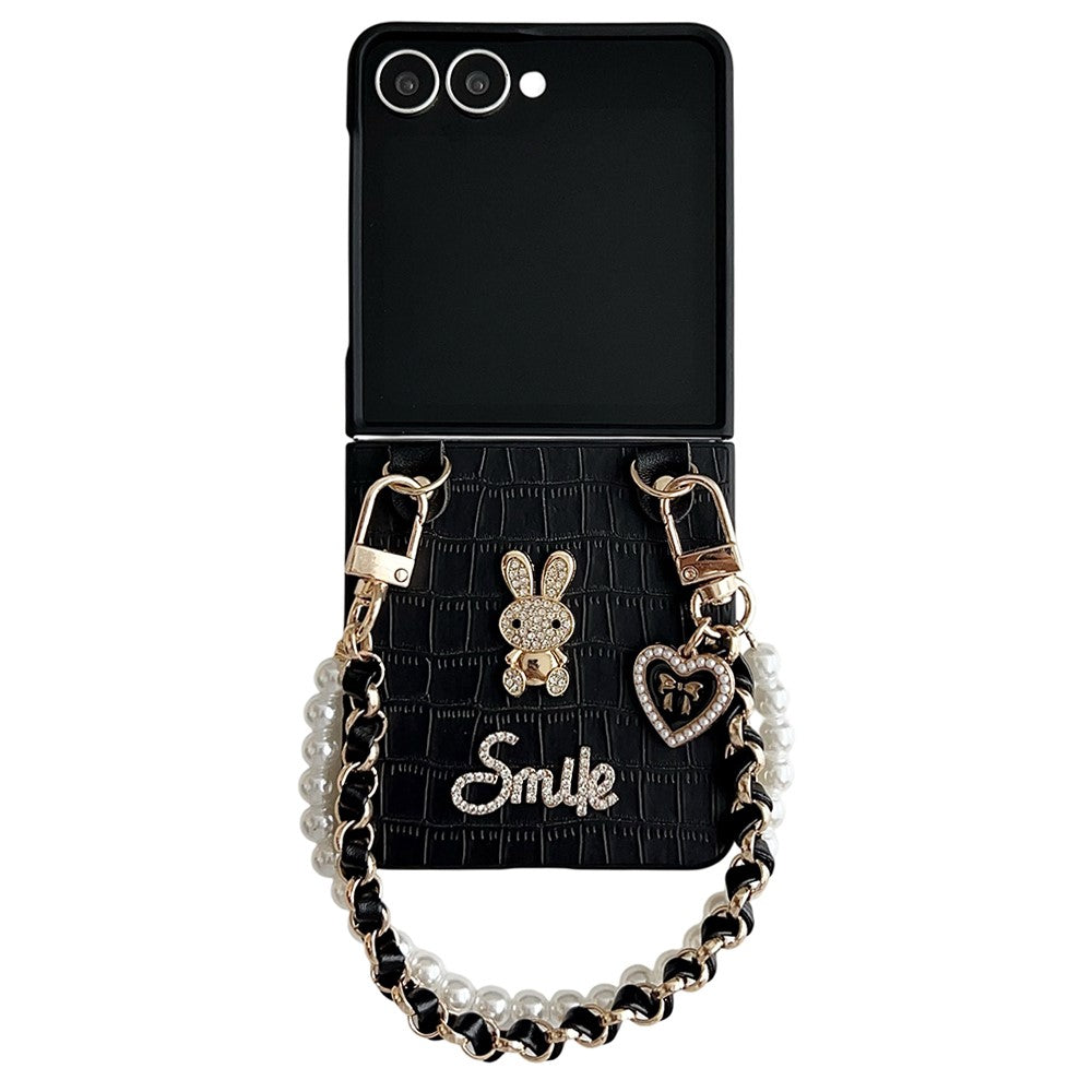For Samsung Galaxy Z Flip7 5G Case Smile Rabbit PU + PC Phone Cover with Wrist Strap - Crocodile Texture