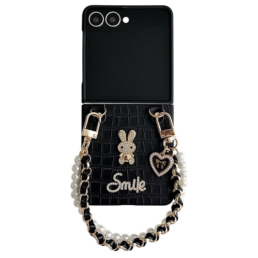 For Samsung Galaxy Z Flip7 5G Case Smile Rabbit PU + PC Phone Cover with Wrist Strap - Crocodile Texture