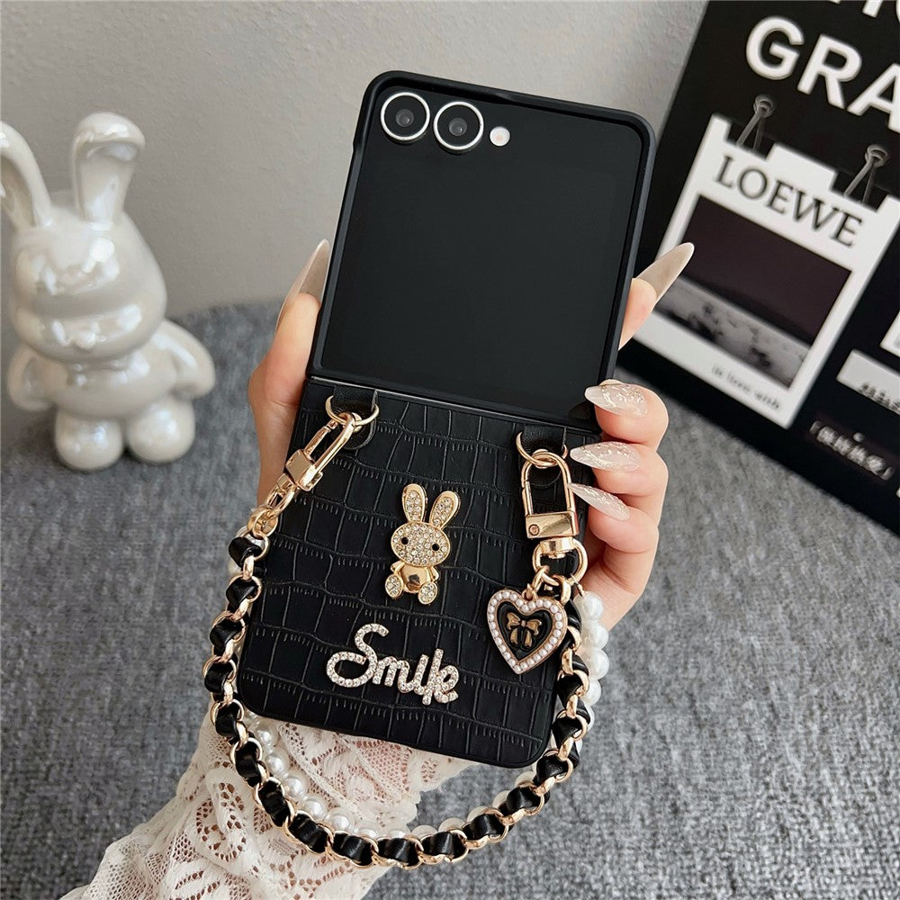 For Samsung Galaxy Z Flip7 5G Case Smile Rabbit PU + PC Phone Cover with Wrist Strap - Crocodile Texture