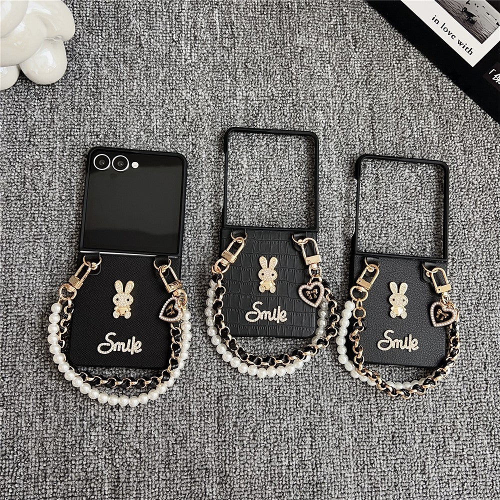 For Samsung Galaxy Z Flip7 5G Case Smile Rabbit PU + PC Phone Cover with Wrist Strap - Crocodile Texture