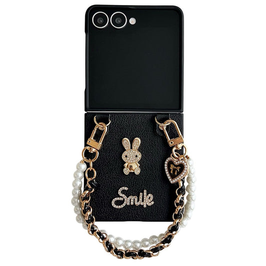 For Samsung Galaxy Z Flip7 5G Case Smile Rabbit PU + PC Phone Cover with Wrist Strap - Litchi Texture