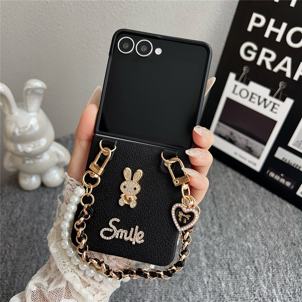 For Samsung Galaxy Z Flip7 5G Case Smile Rabbit PU + PC Phone Cover with Wrist Strap - Litchi Texture