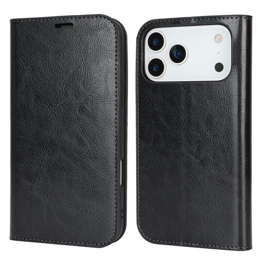 For iPhone 17 Pro Max Case Crazy Horse Texture Split Leather Wallet Phone Cover - Black