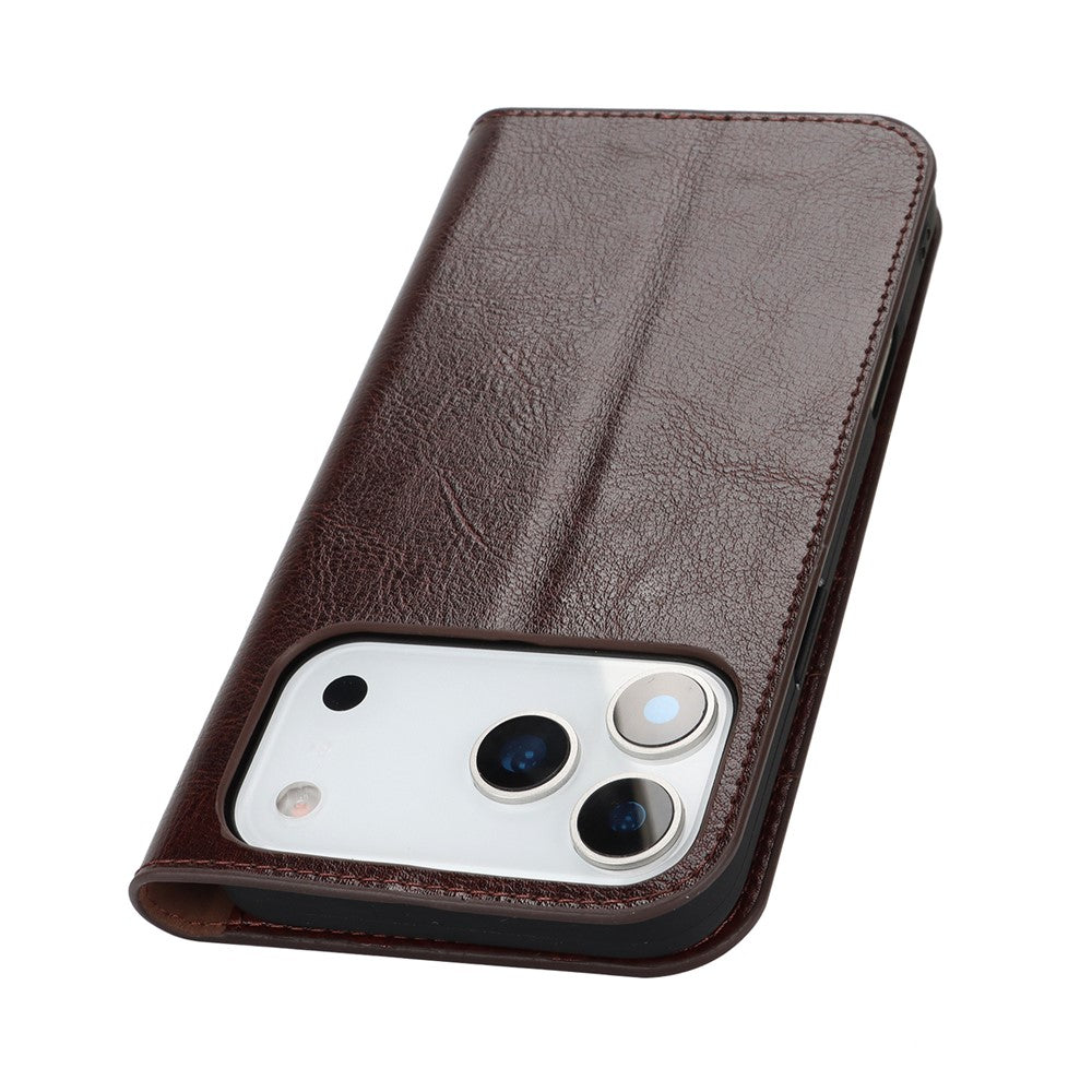 For iPhone 17 Pro Max Case Crazy Horse Texture Split Leather Wallet Phone Cover - Dark Brown