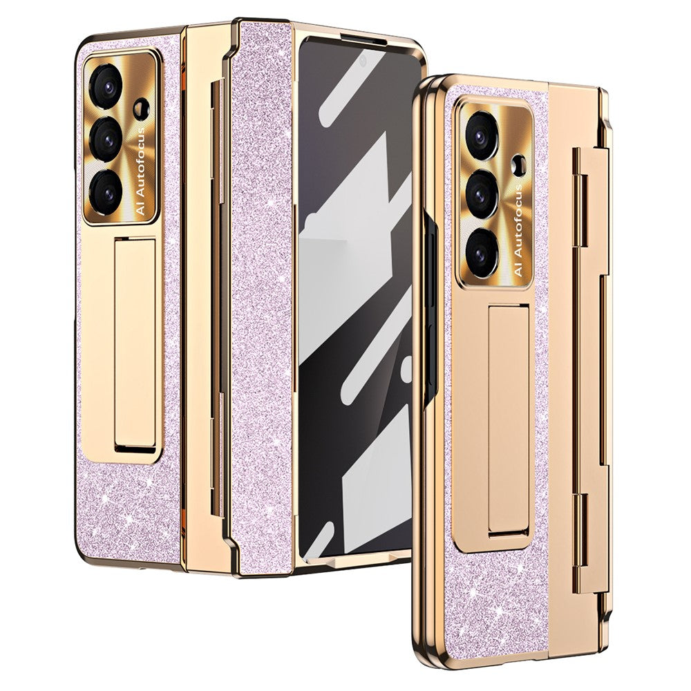 For Samsung Galaxy Z Fold7 5G Case with Kickstand Hinge Protection Rhinestone Glitter PC Phone Cover - Purple