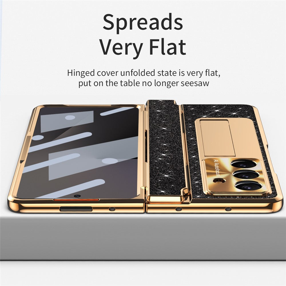 For Samsung Galaxy Z Fold7 5G Case with Kickstand Hinge Protection Rhinestone Glitter PC Phone Cover - Black