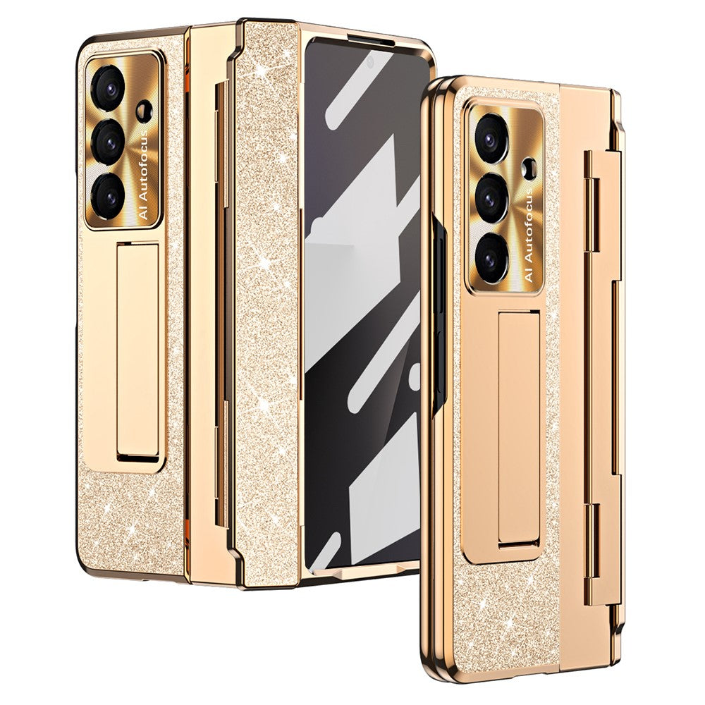 For Samsung Galaxy Z Fold7 5G Case with Kickstand Hinge Protection Rhinestone Glitter PC Phone Cover - Gold