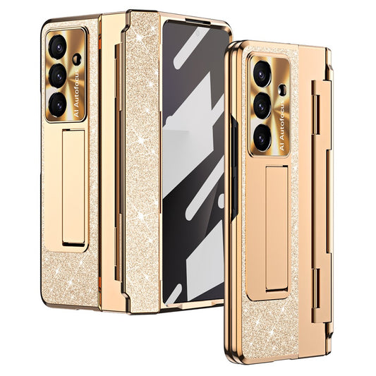 For Samsung Galaxy Z Fold7 5G Case with Kickstand Hinge Protection Rhinestone Glitter PC Phone Cover - Gold
