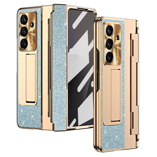 For Samsung Galaxy Z Fold7 5G Case with Kickstand Hinge Protection Rhinestone Glitter PC Phone Cover - Blue