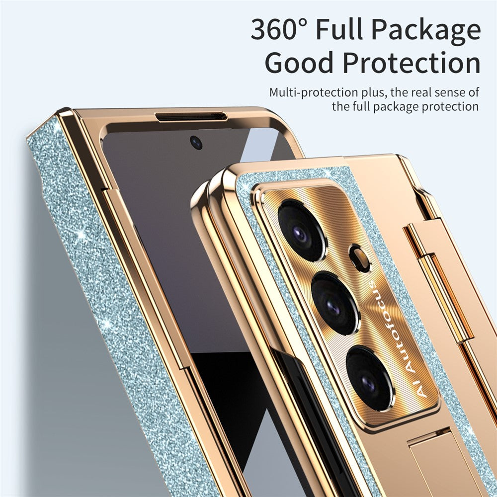 For Samsung Galaxy Z Fold7 5G Case with Kickstand Hinge Protection Rhinestone Glitter PC Phone Cover - Blue