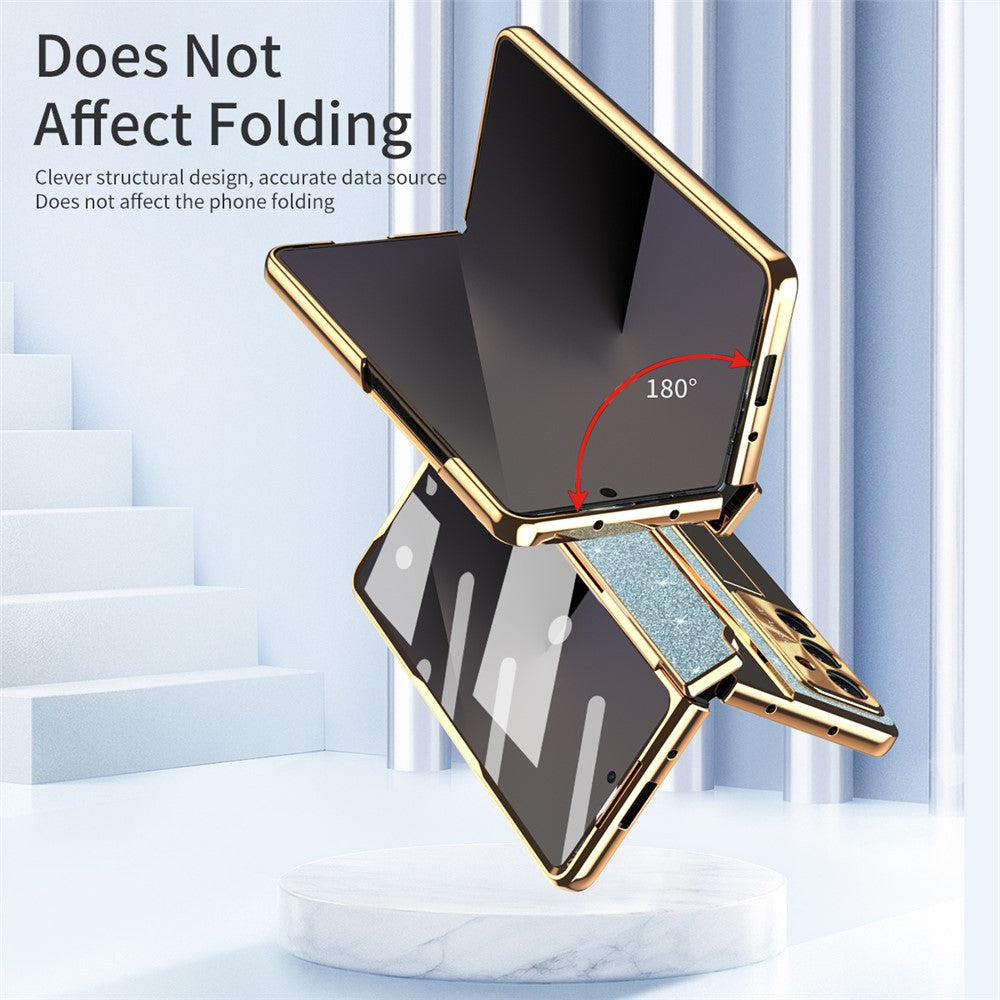 For Samsung Galaxy Z Fold7 5G Case with Kickstand Hinge Protection Rhinestone Glitter PC Phone Cover - Blue