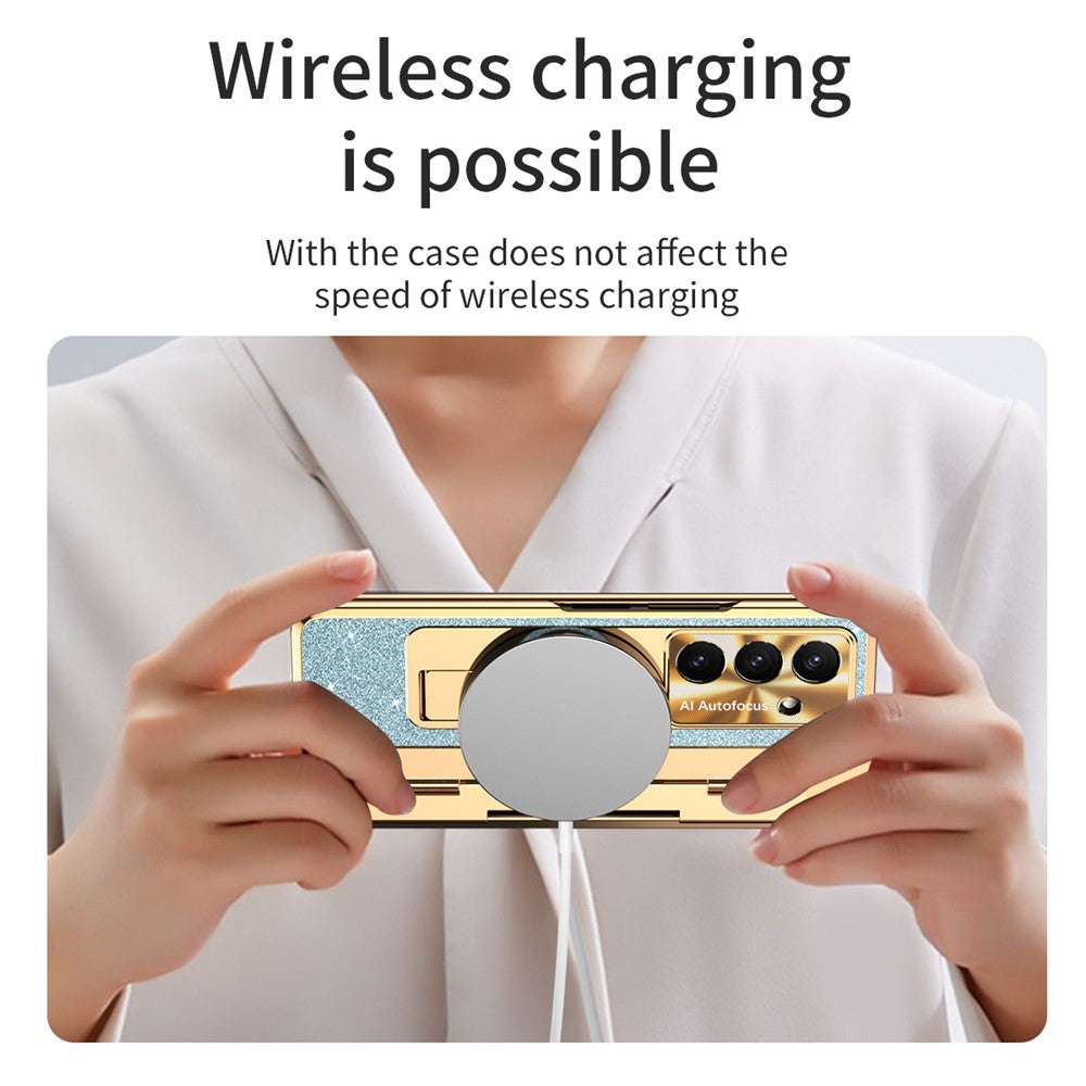 For Samsung Galaxy Z Fold7 5G Case with Kickstand Hinge Protection Rhinestone Glitter PC Phone Cover - Blue