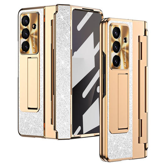 For Samsung Galaxy Z Fold7 5G Case with Kickstand Hinge Protection Rhinestone Glitter PC Phone Cover - Silver