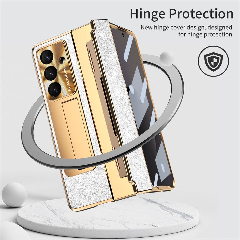 For Samsung Galaxy Z Fold7 5G Case with Kickstand Hinge Protection Rhinestone Glitter PC Phone Cover - Silver