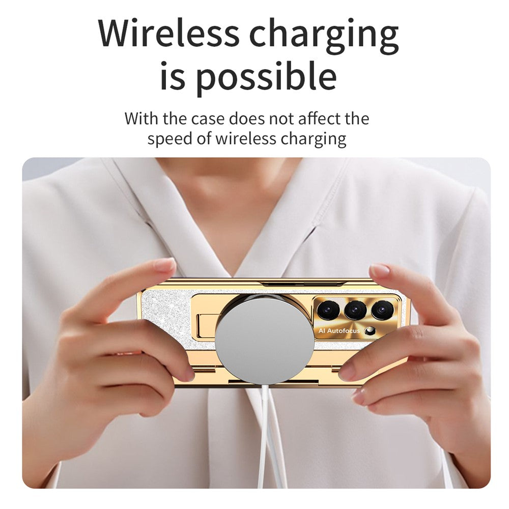 For Samsung Galaxy Z Fold7 5G Case with Kickstand Hinge Protection Rhinestone Glitter PC Phone Cover - Silver