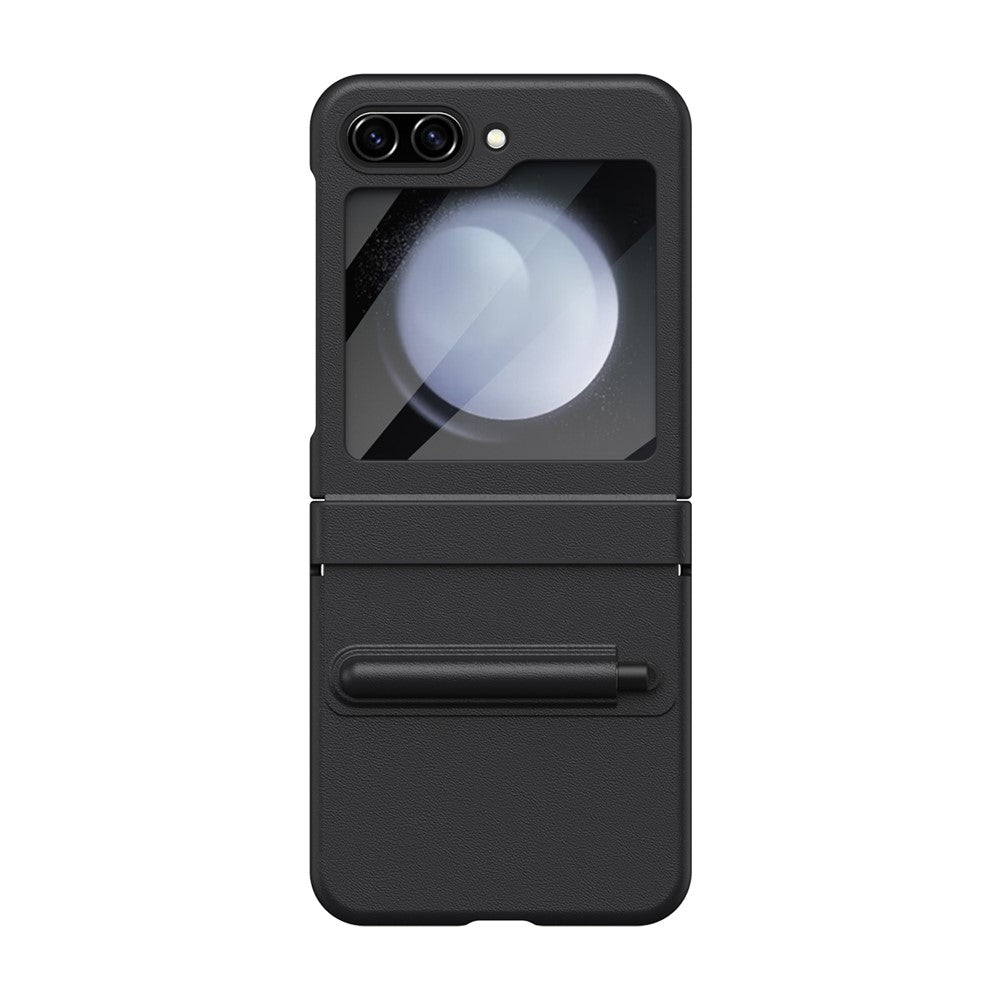 For Samsung Galaxy Z Flip7 FE 5G  /  Flip6 5G Hinge PU Leather PC Phone Cover with Stylus  /  Tempered Glass Film - Black