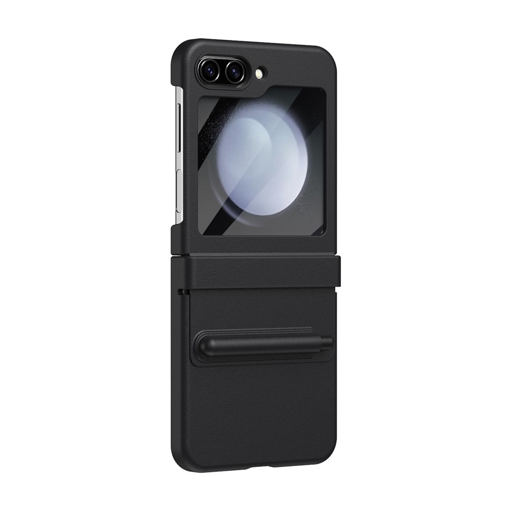 For Samsung Galaxy Z Flip7 FE 5G  /  Flip6 5G Hinge PU Leather PC Phone Cover with Stylus  /  Tempered Glass Film - Black